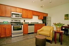 Kitchen and living room area with stainless steel appliances at Third and Main.